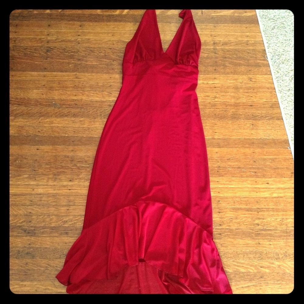 Red halter dress.